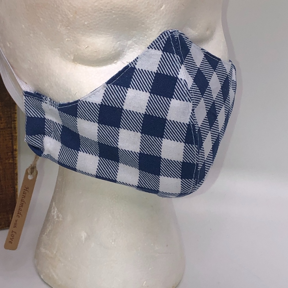 REUSABLE 100% Cotton Blue Checkered Face Mask ~NEW